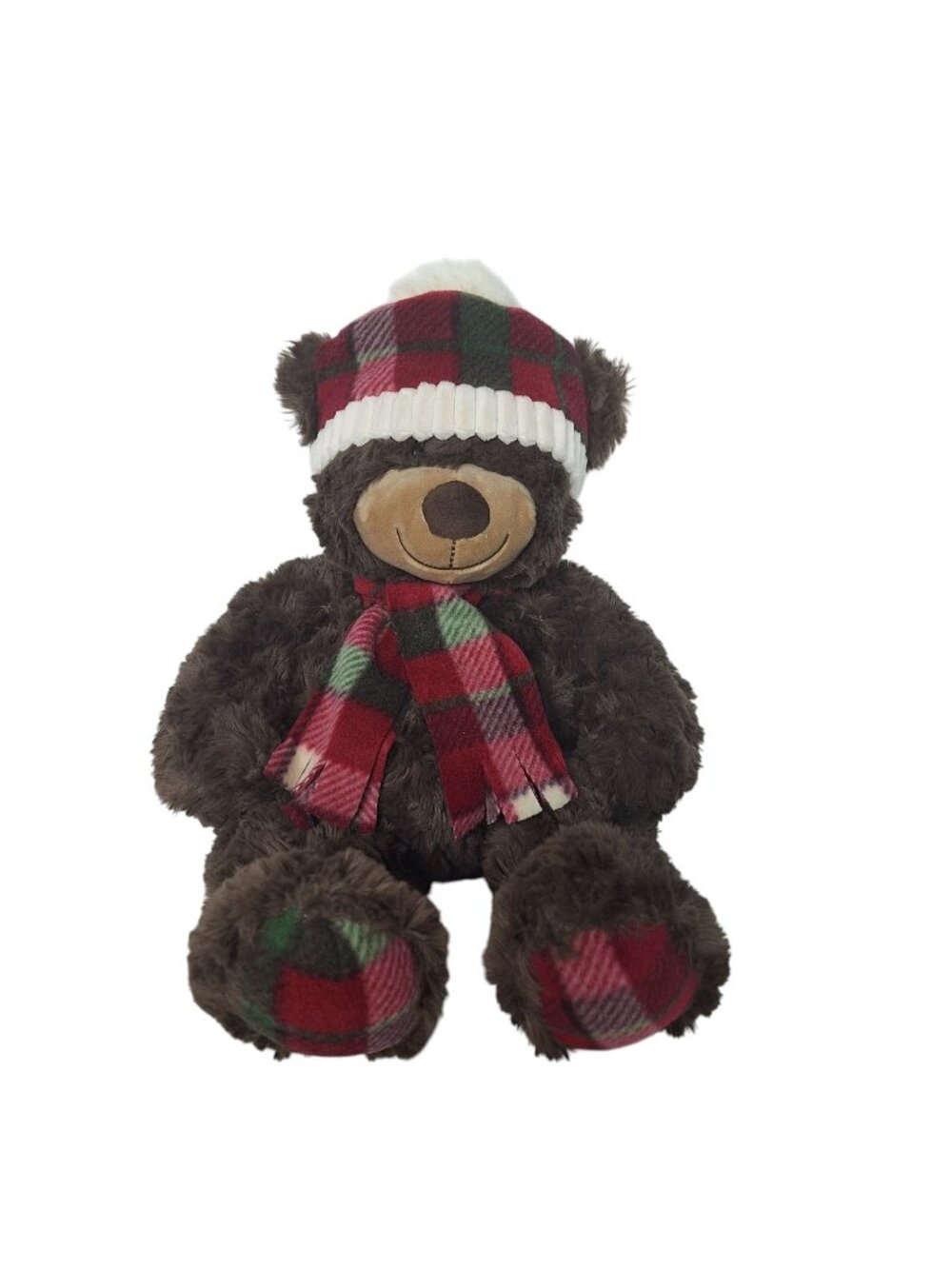 Gentle Treasures Teddy Bear Christmas Plush Winter Plaid Hat Scarf Holiday 18.5"